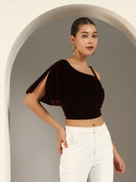 Velvet One-Shoulder Crop Blouse for Women | Asymmetrical Draped Sleeve Partywear Choli Top