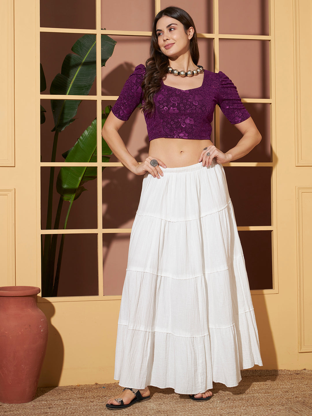 Purple Crushed Velvet Floral Shimmer Crop Blouse for Women