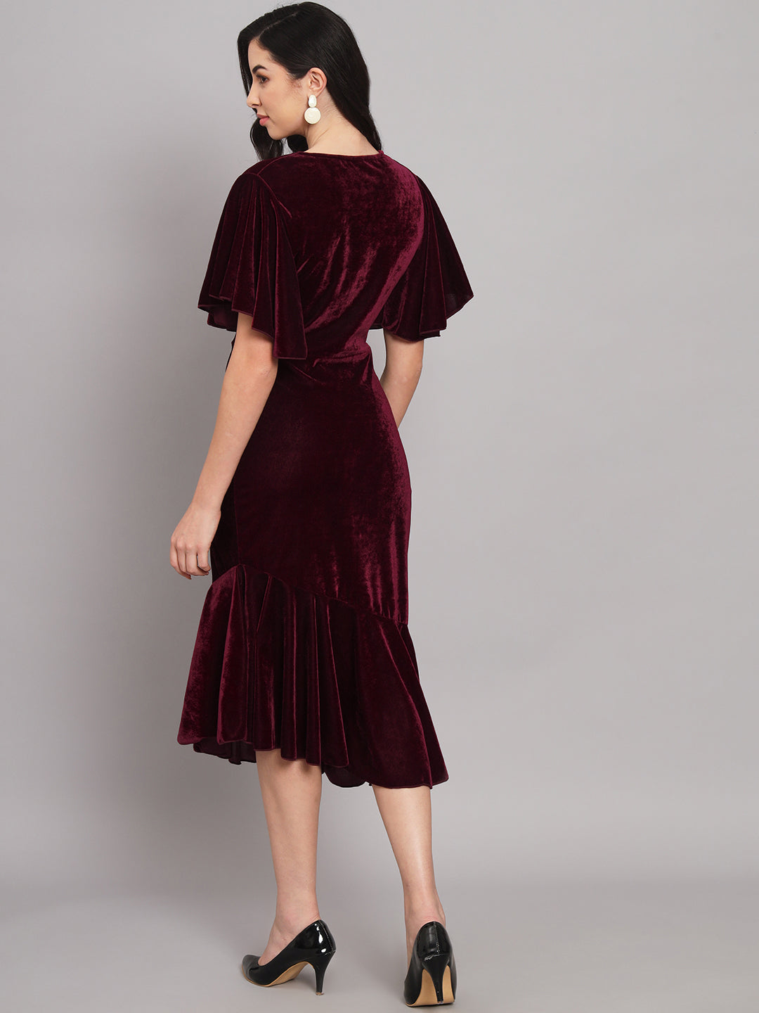 Velvet Fabric Fish Cut Ruffle Bottom Bodycon Party Midi Dress Wine