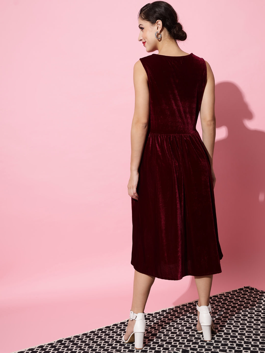 A-Line Velvet V-Neck Tops Sleeveless Party Dress Wine