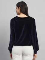 Round Neck Puff Sleeves Blouson Top Navy Blue