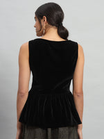 Waistline Ruffle Sleeveless Party Top Black