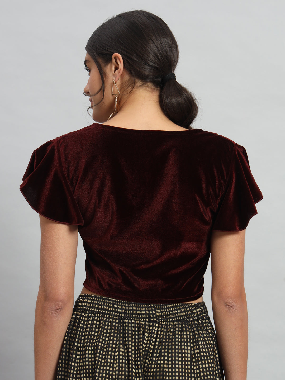 Velvet Flared Sleeves Readymade Party Blouse Maroon