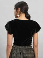 Velvet Flared Sleeves Readymade Party Blouse Black