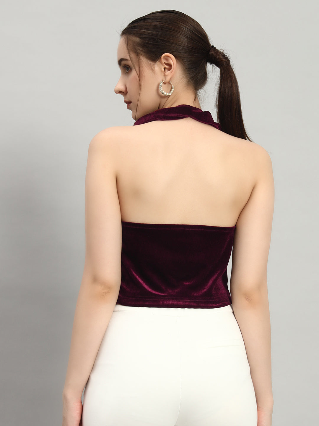 Halter Neck Top Velvet Sleeveless Party Outfit Scarlet Wine