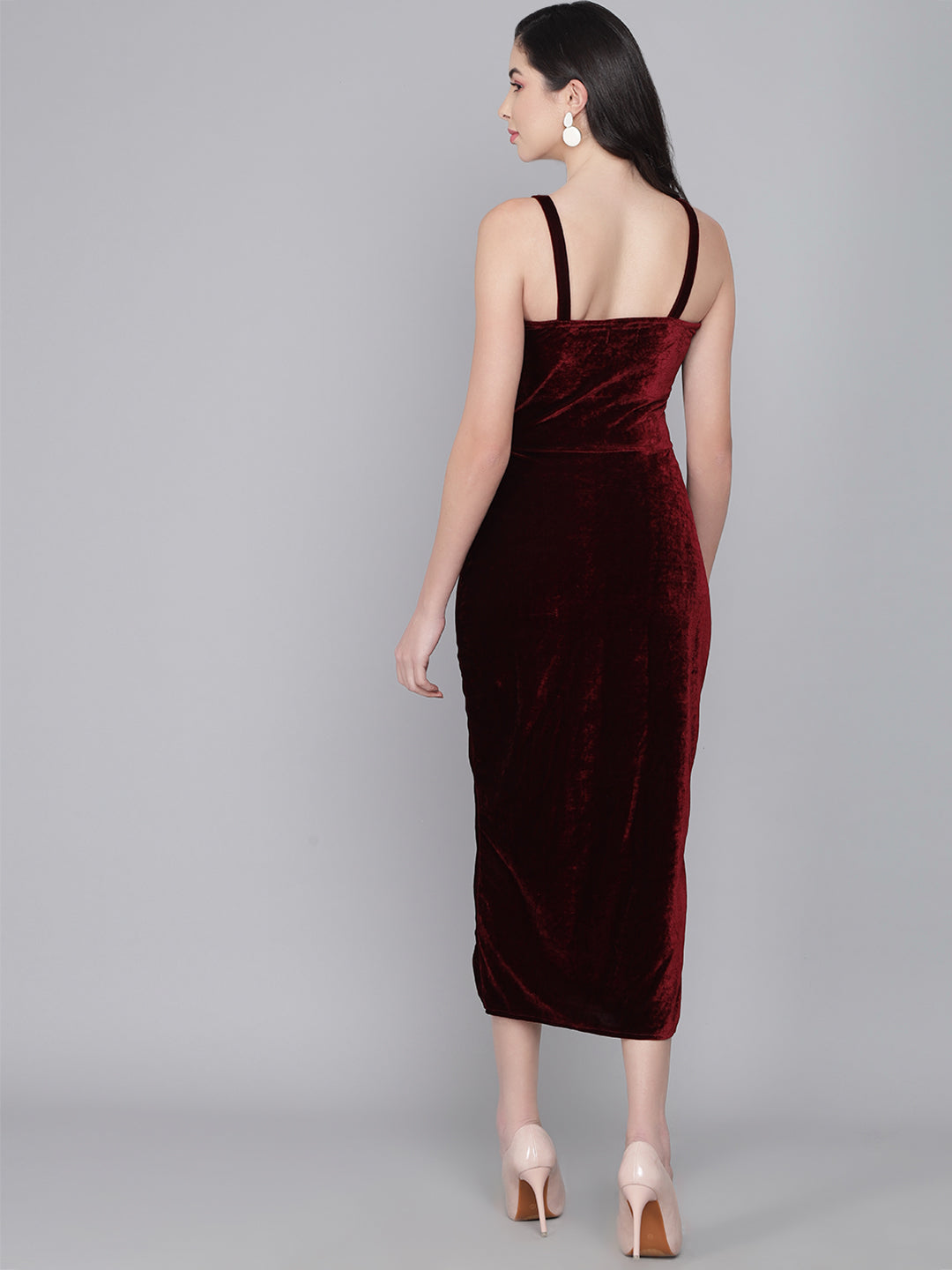 Maxi Sleeveless Velvet Square Neck Bodycon Dress Maroon