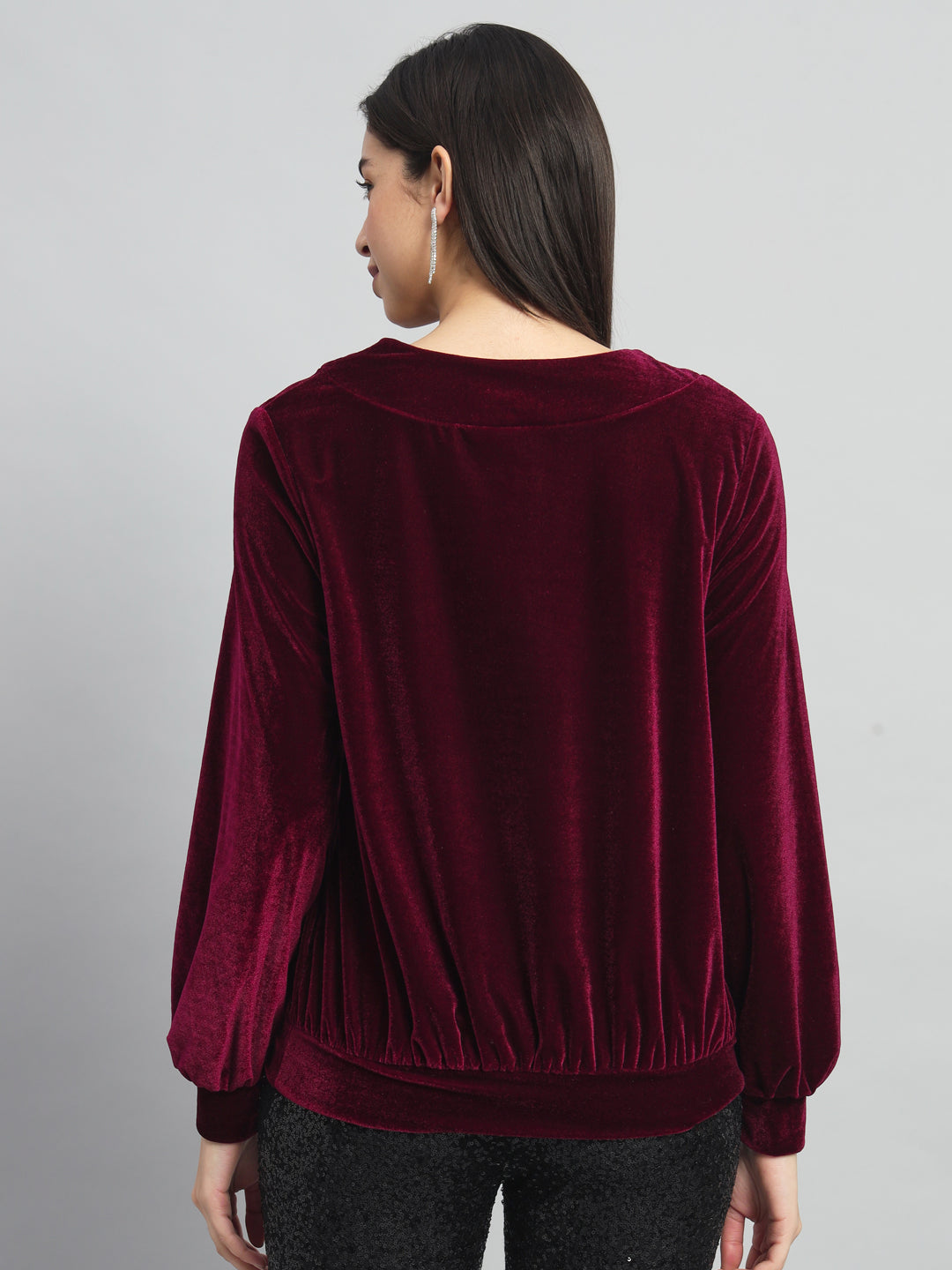 Round Neck Puff Sleeves Blouson Top Maroon