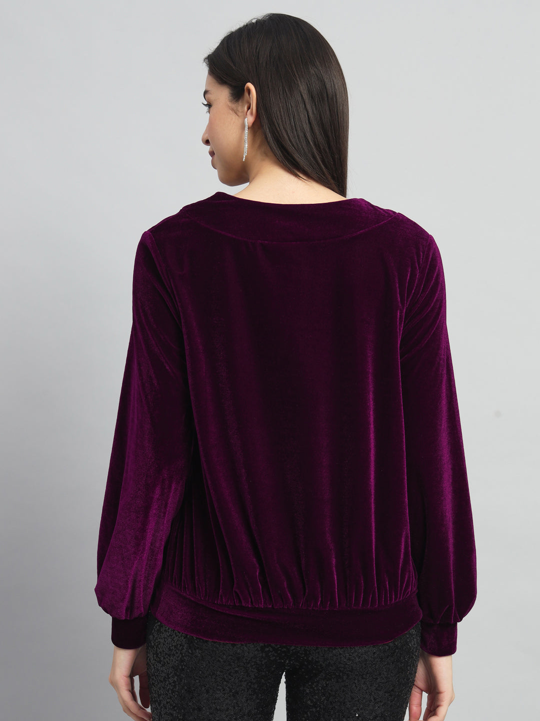 Round Neck Puff Sleeves Blouson Top Wine