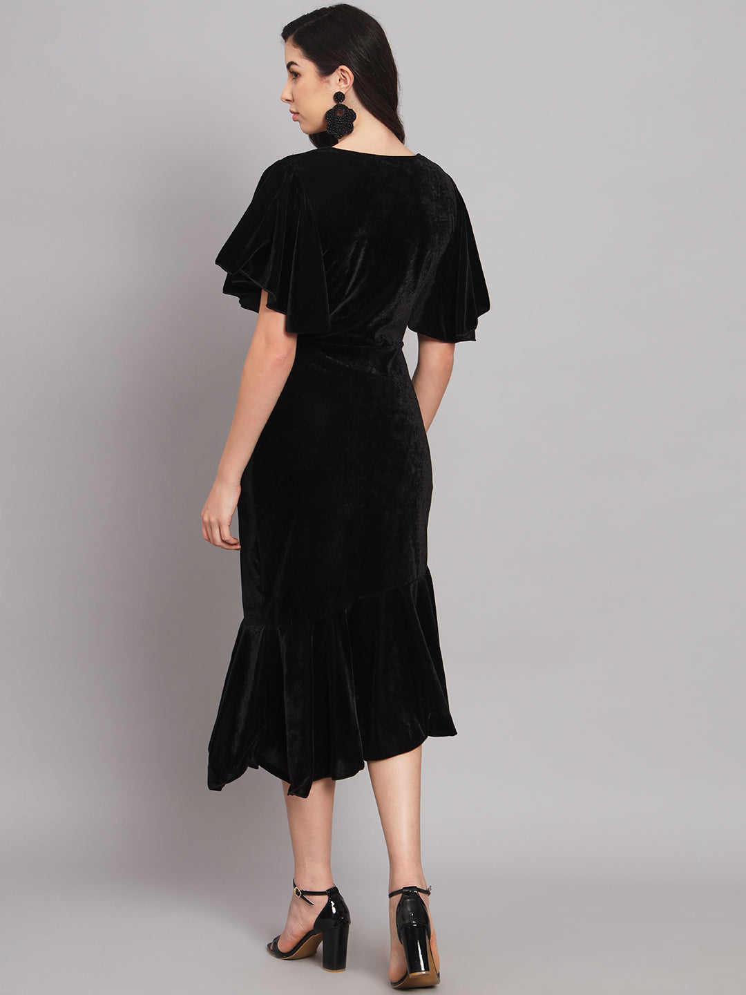 Women Flared Sleeves Velvet Drop-Waist Midi Dress With Ruffles Details