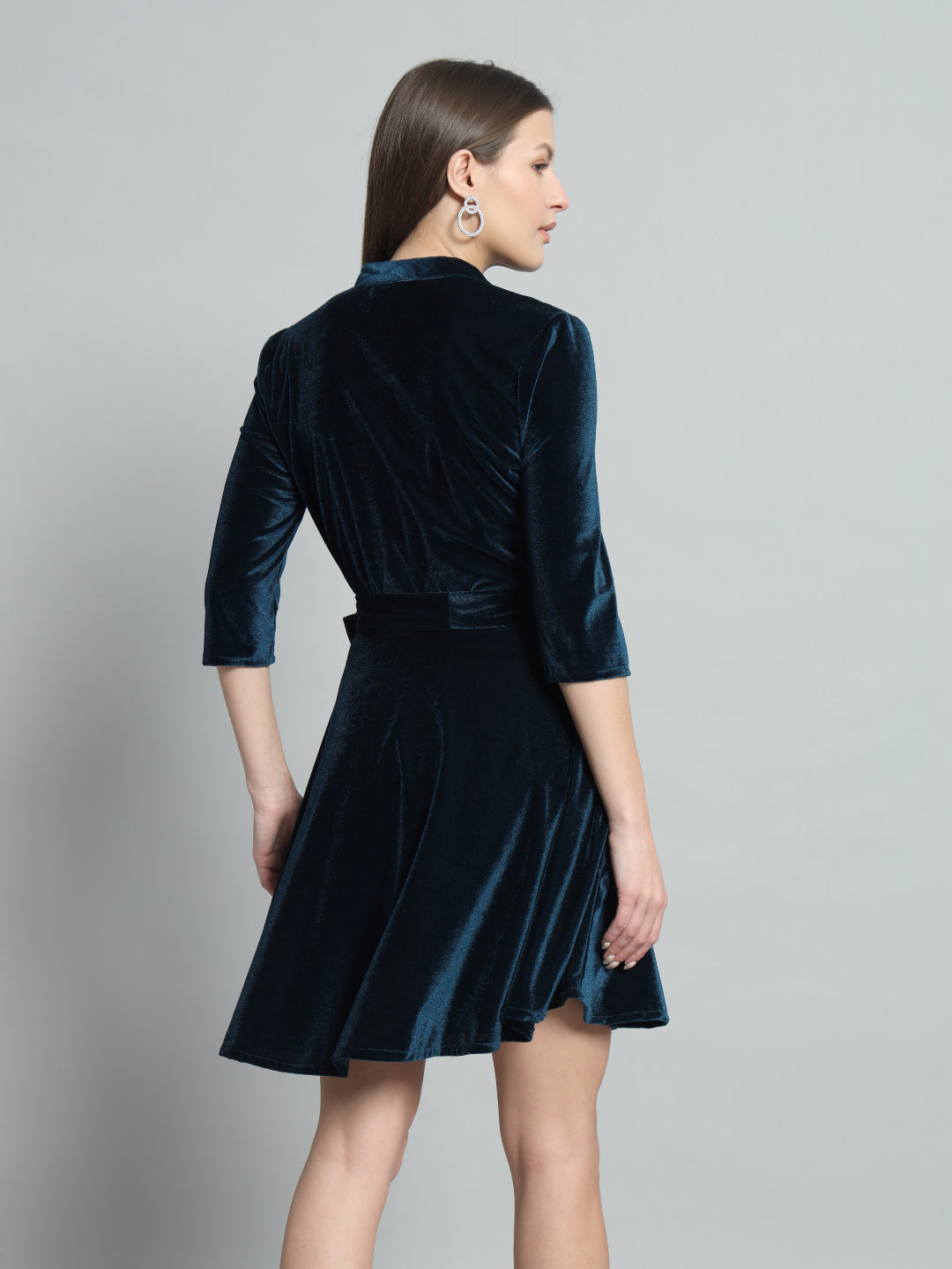 A-Line Quarter Sleeves V-Neck Party Dress Peacock Blue