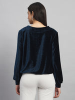 Round Neck Puff Sleeves Blouson Top Peacock Blue