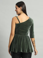 Solid One Shoulder Velvet Peplum Top