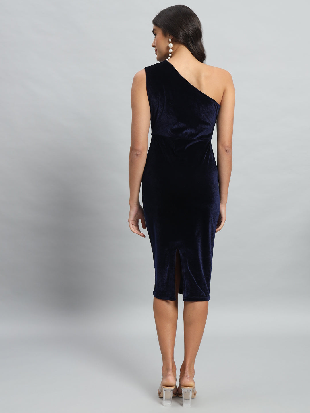 Back Slit Bodycon Party Dress One Shoulder Navy Blue