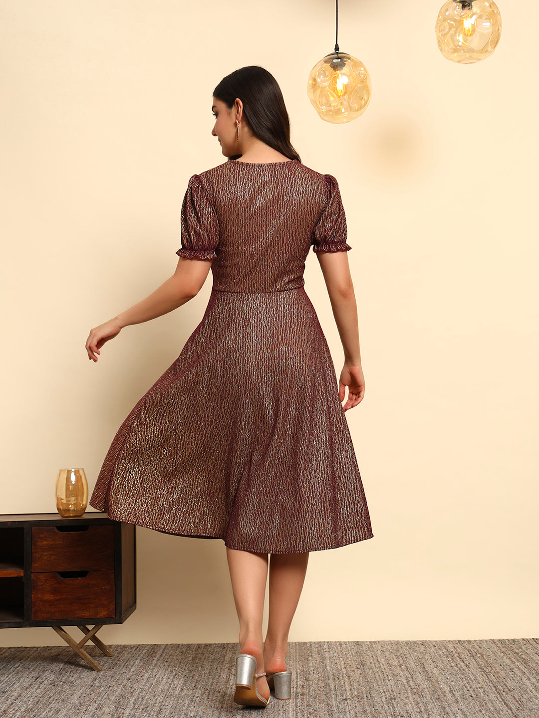 Plum Gold Shimmer Fit & Flare Midi Dress