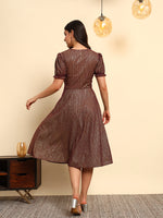 Plum Gold Shimmer Fit & Flare Midi Dress