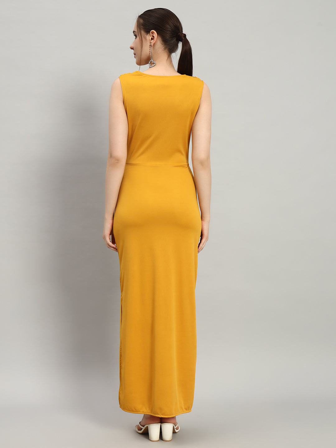 Lycra Cowl Neck Bodycon Maxi Sleeveless Party Dress Mustard Yellow