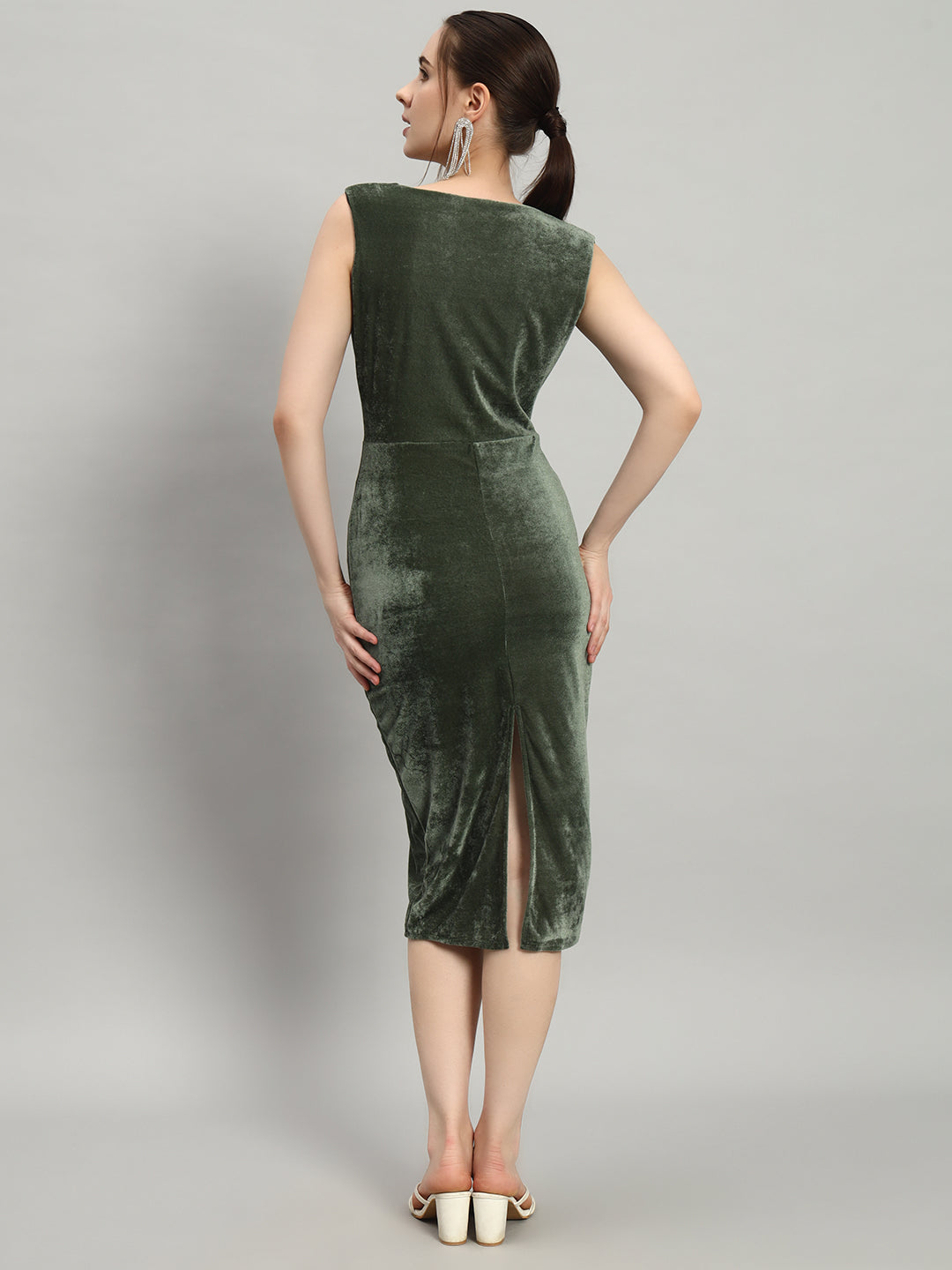 Deep V-Neck Sleeveless Bodycon Party Dress Dark Olive Green