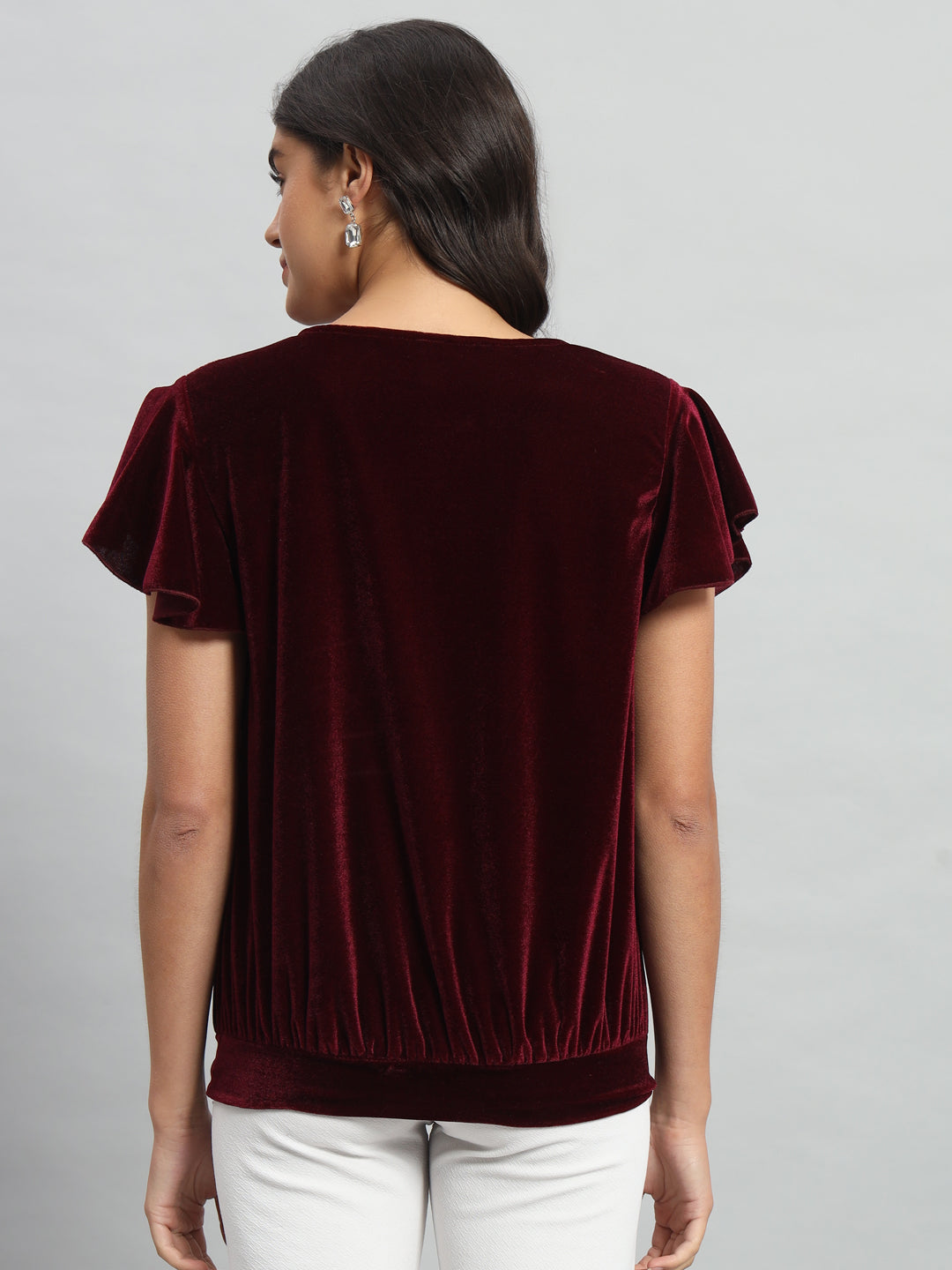 Short Sleeves Ruffles Stylish Party Top Maroon