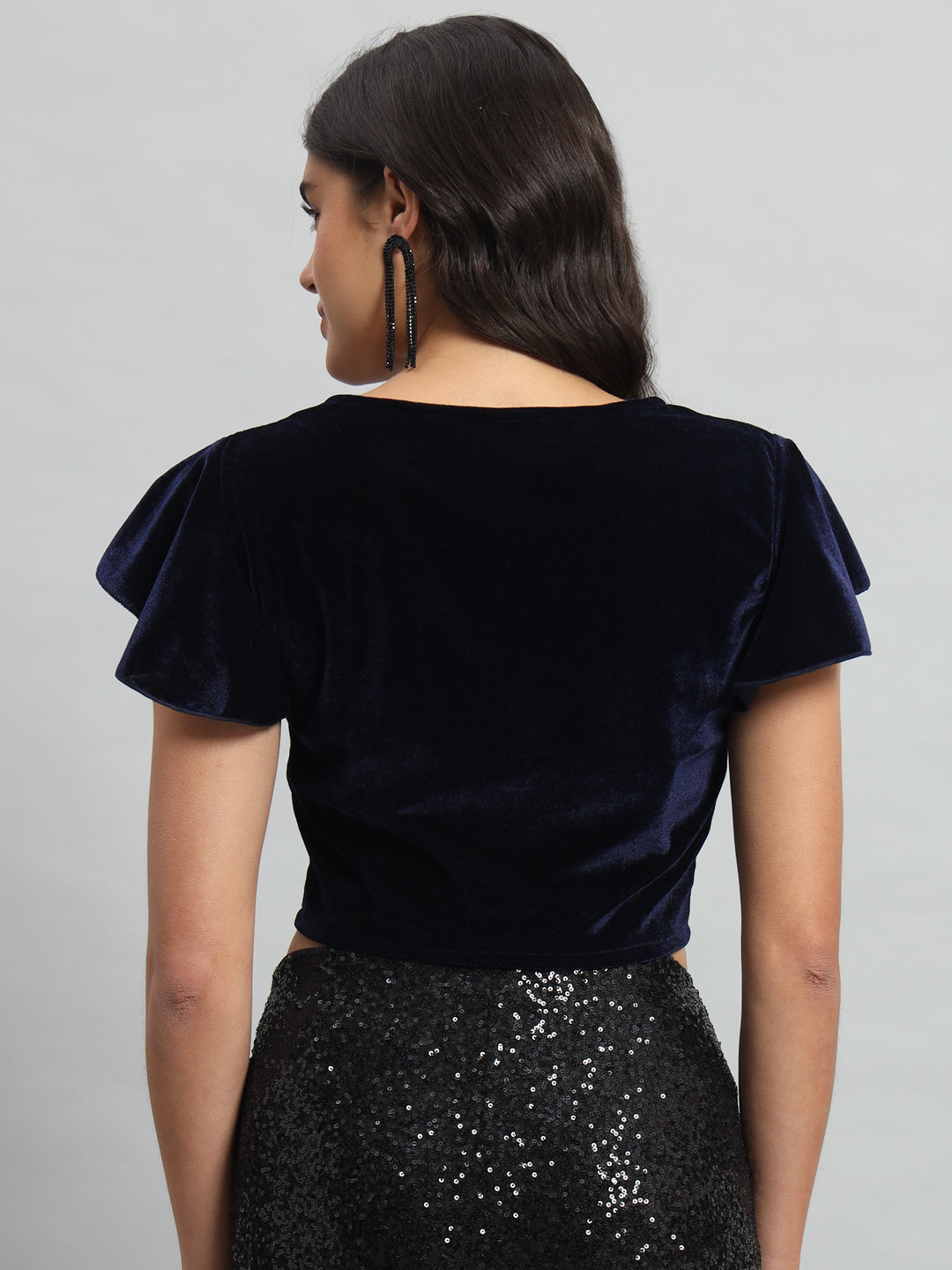 Velvet Flared Sleeves Readymade Party Blouse Navy Blue