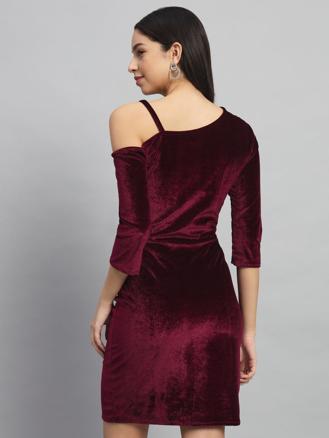 Velvet One Cold Shoulder Bodycon Party Dress Maroon