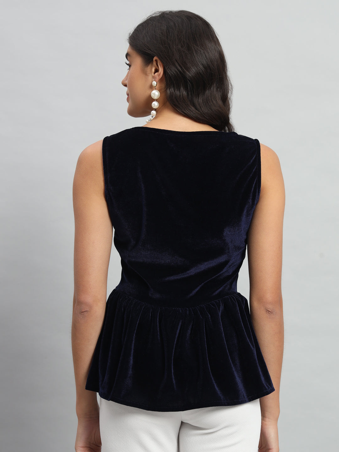 Waistline Ruffle Sleeveless Party Top Navy Blue