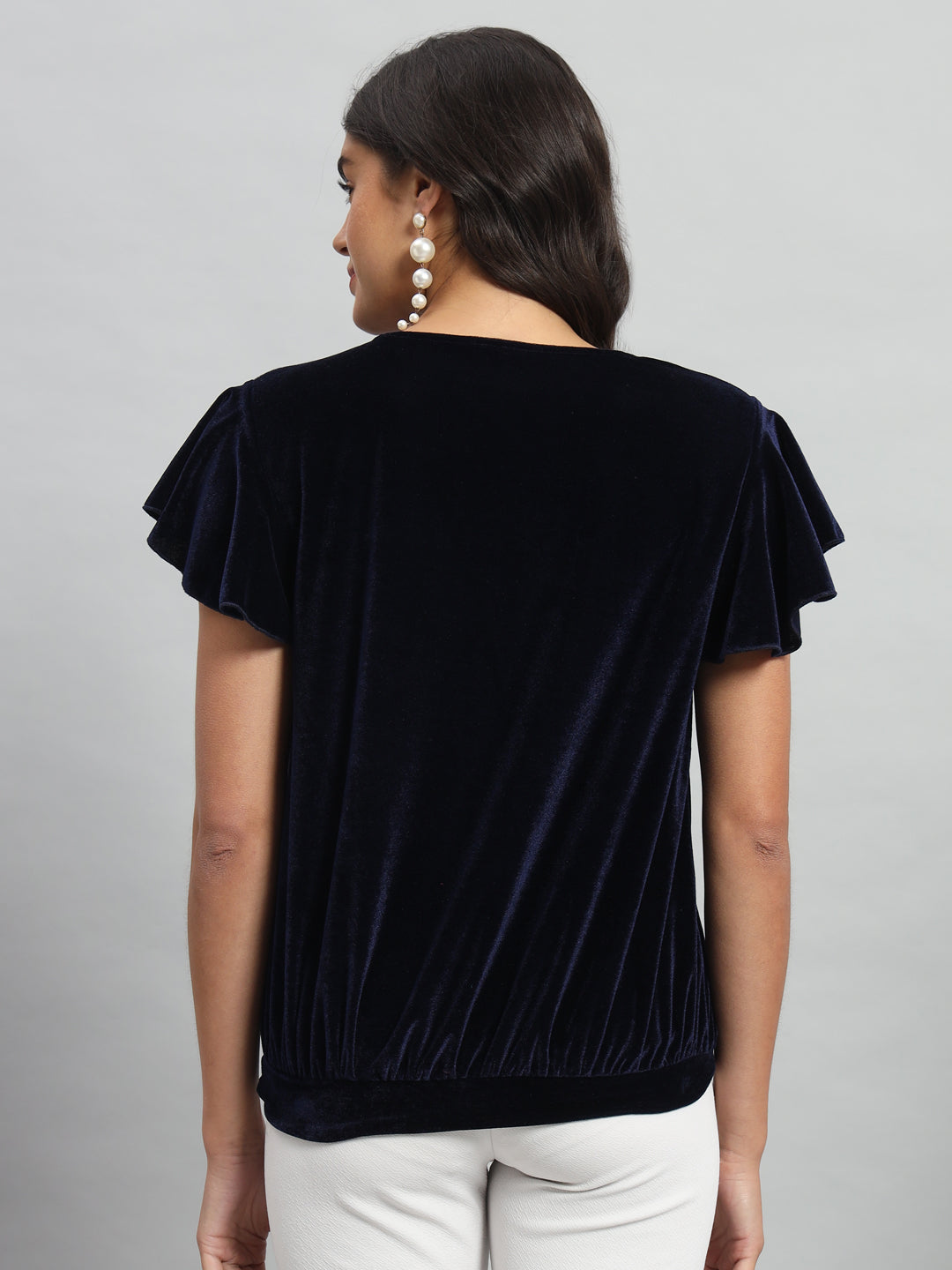 Short Sleeves Ruffles Stylish Party Top Navy Blue