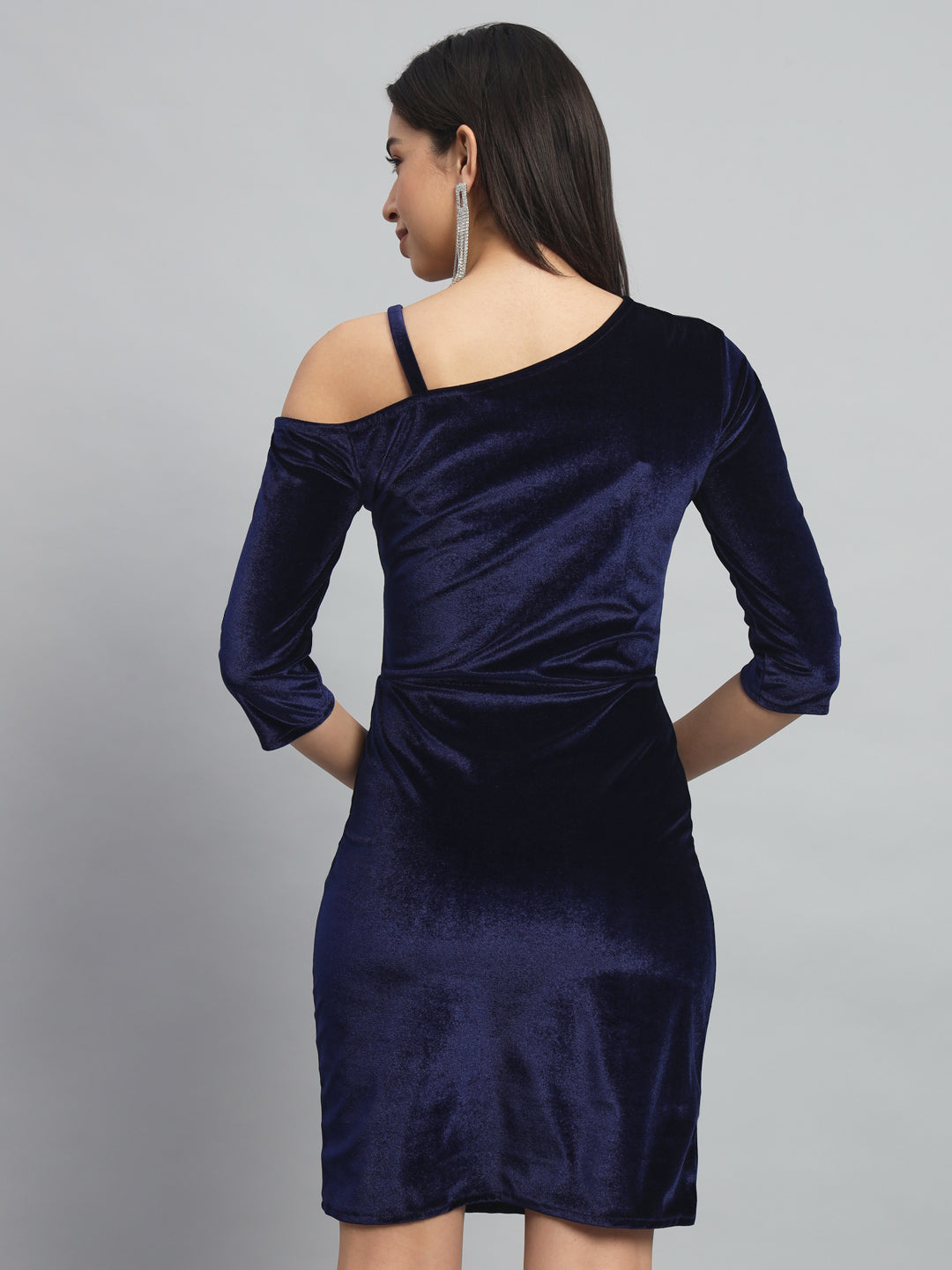 Velvet One Cold Shoulder Bodycon Party Dress Navy Blue