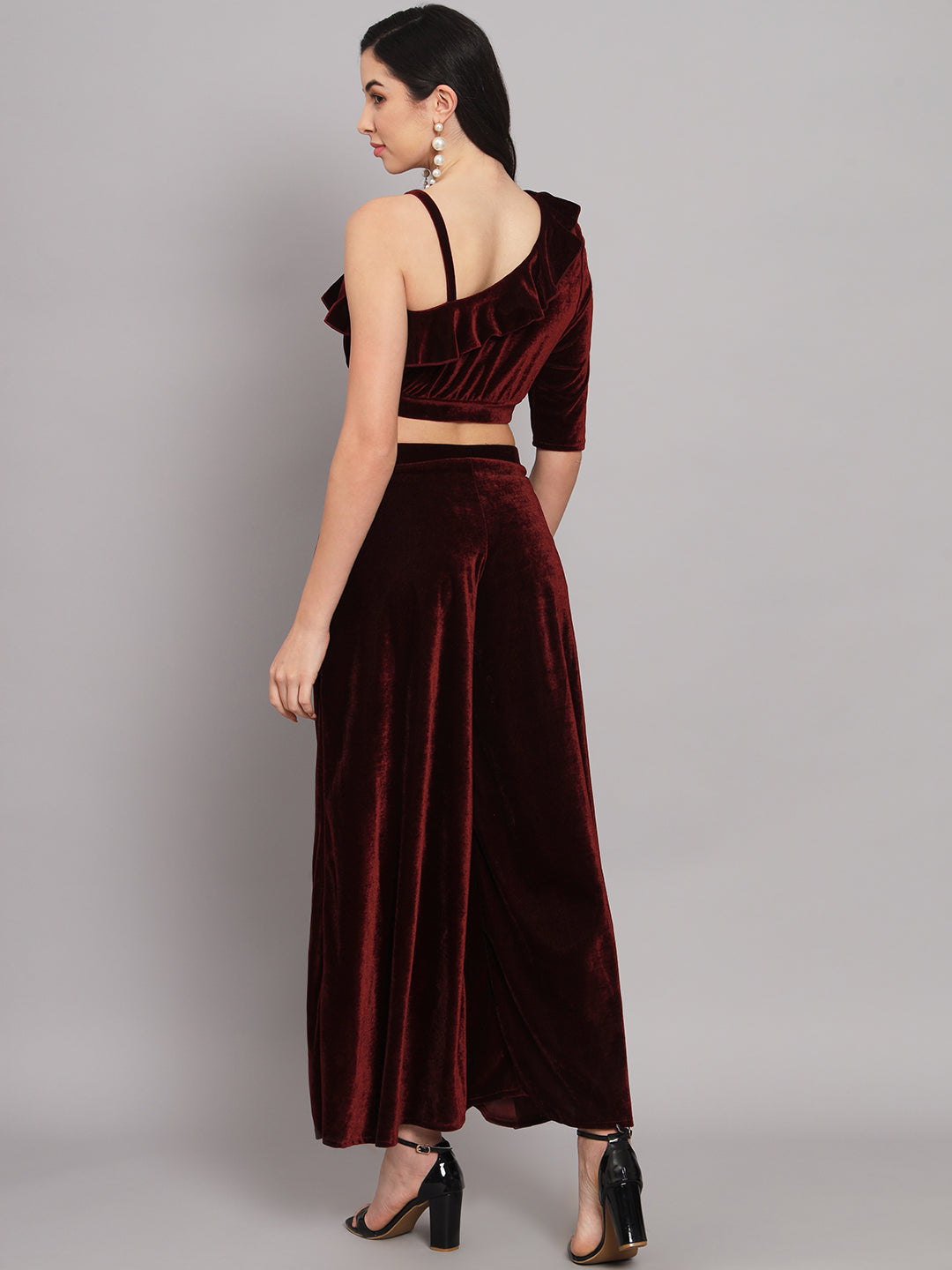 One Sleeve Crop Top with Palazzo Party Co-Ord Set Maroon