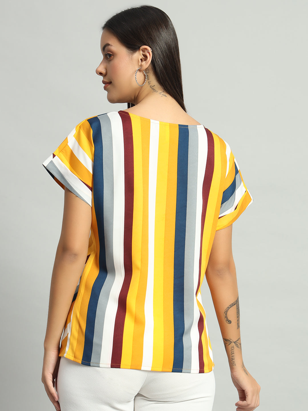 Crepe V-Cut Striped Short Sleeves Top Dark Yellow