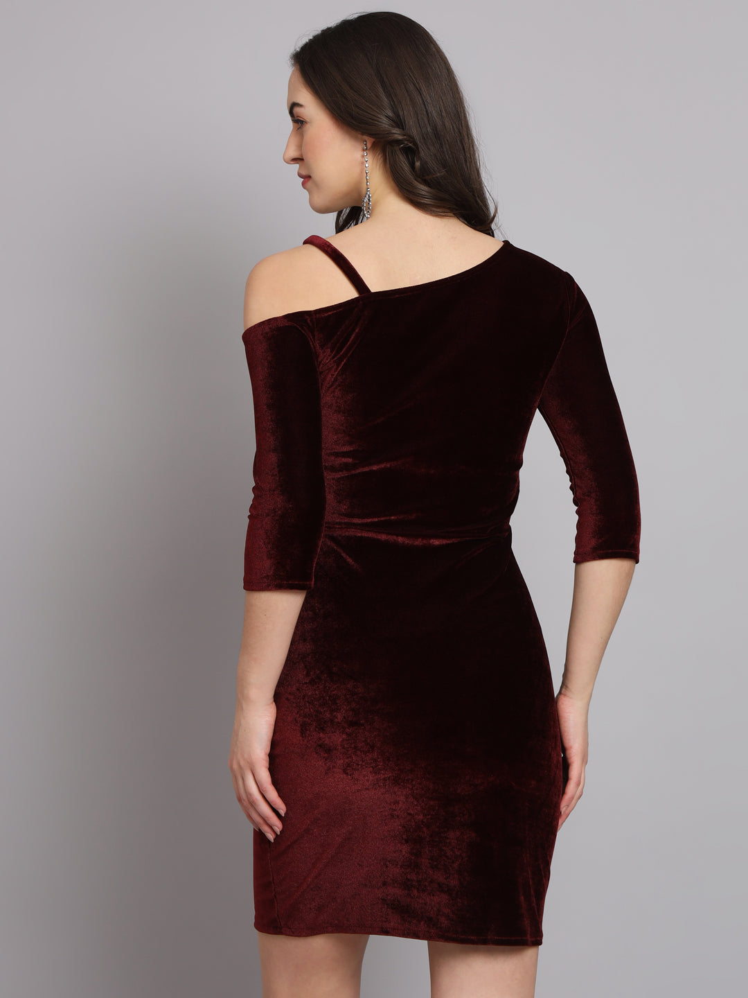 Velvet One Cold Shoulder Bodycon Party Dress Maroon