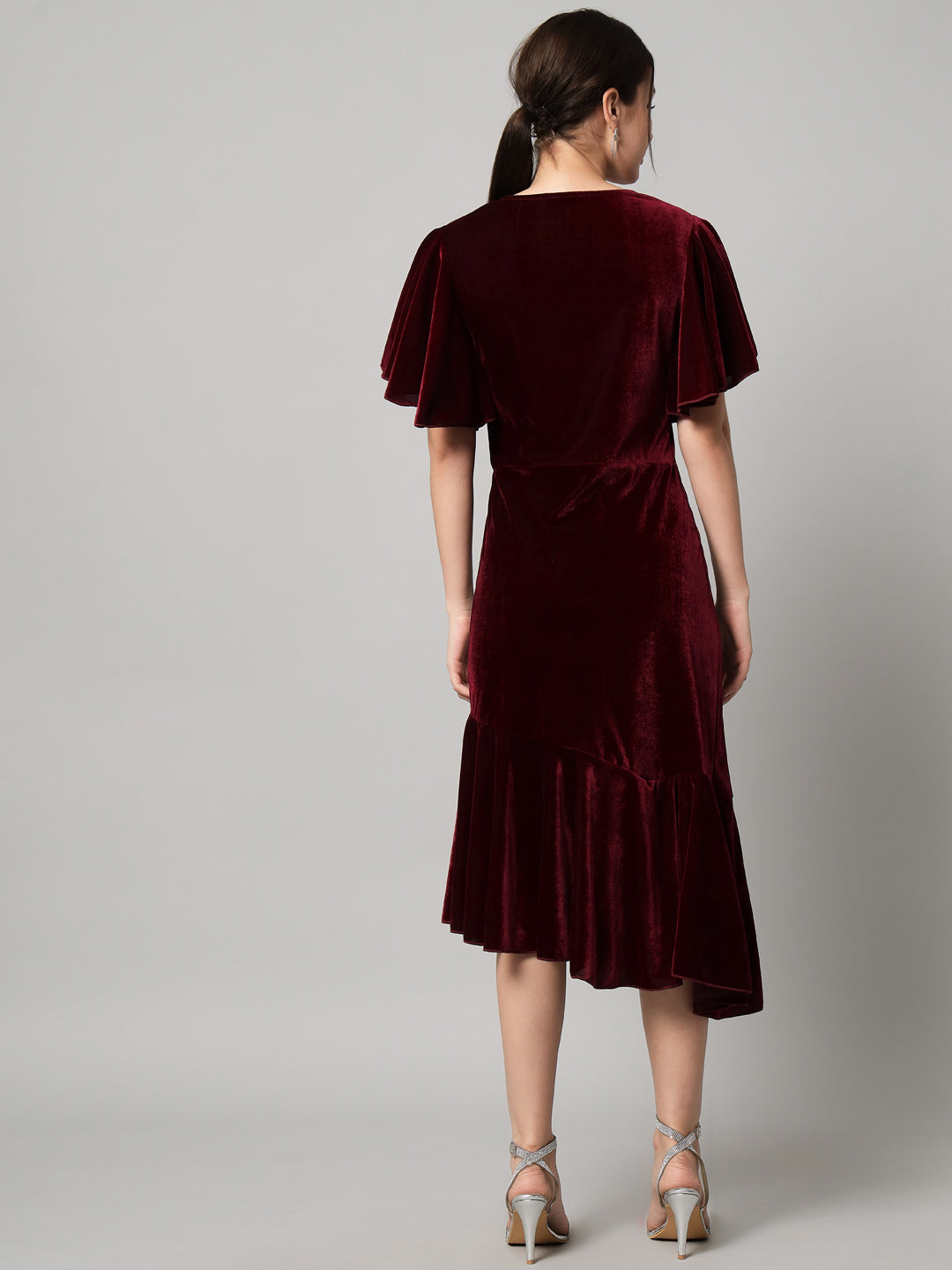 Ruffle Sleeves Fish Cut Velvet Party Dress Maroon