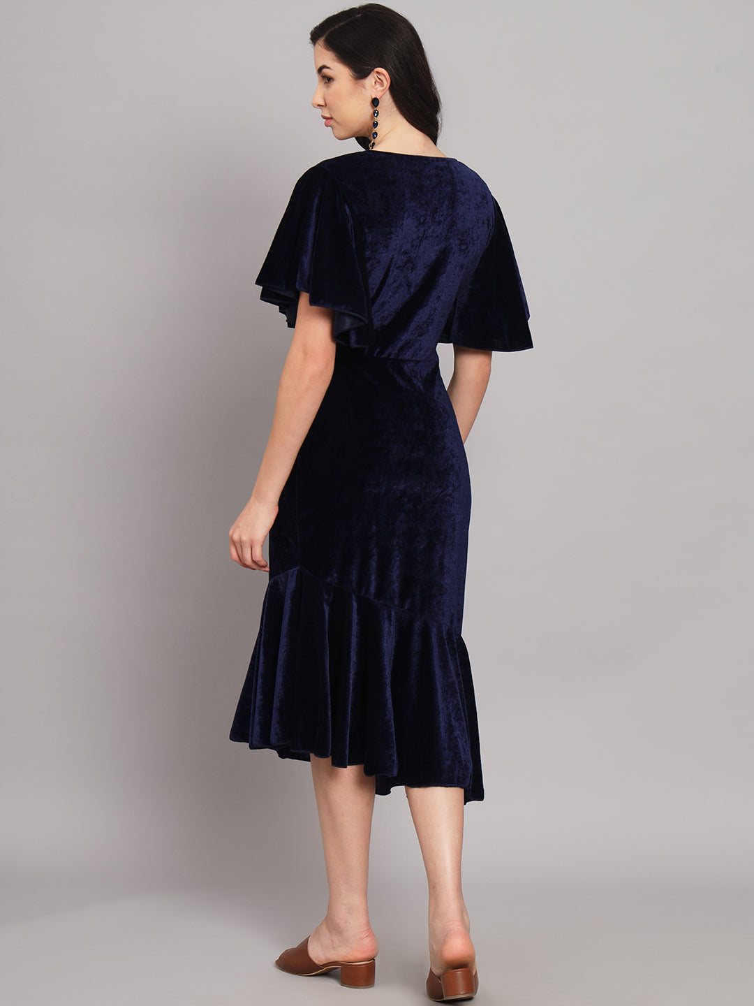 Women Flared Sleeves Velvet Drop-Waist Midi Dress With Ruffles Details
