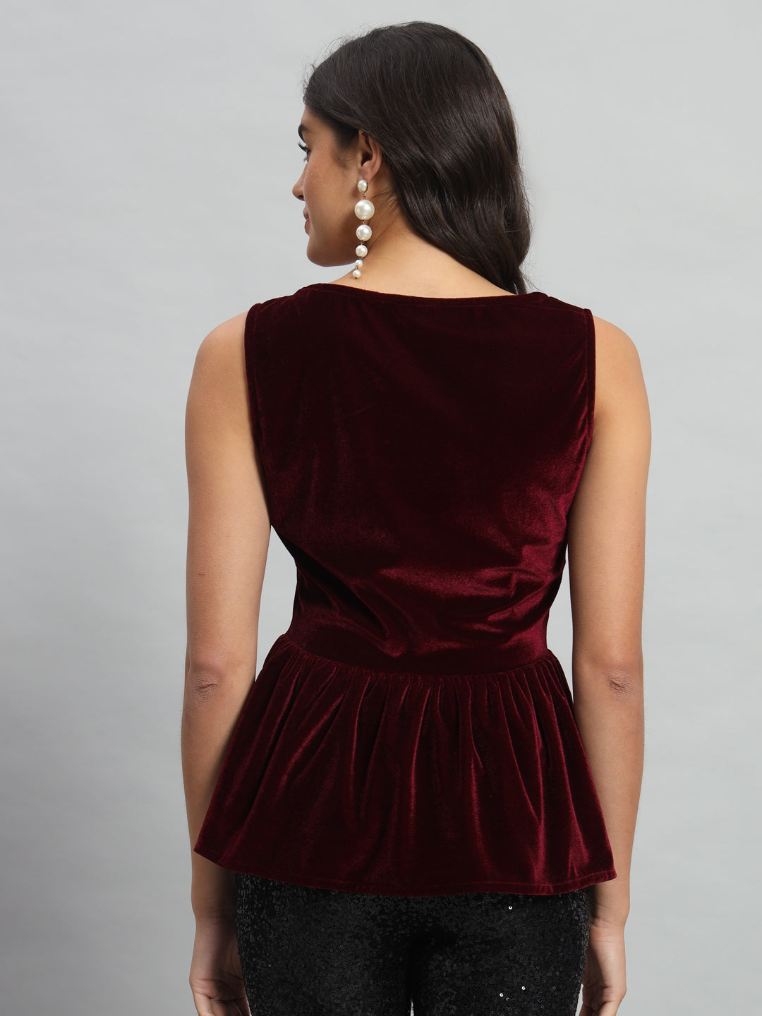 Waistline Ruffle Sleeveless Party Top Sporty Maroon