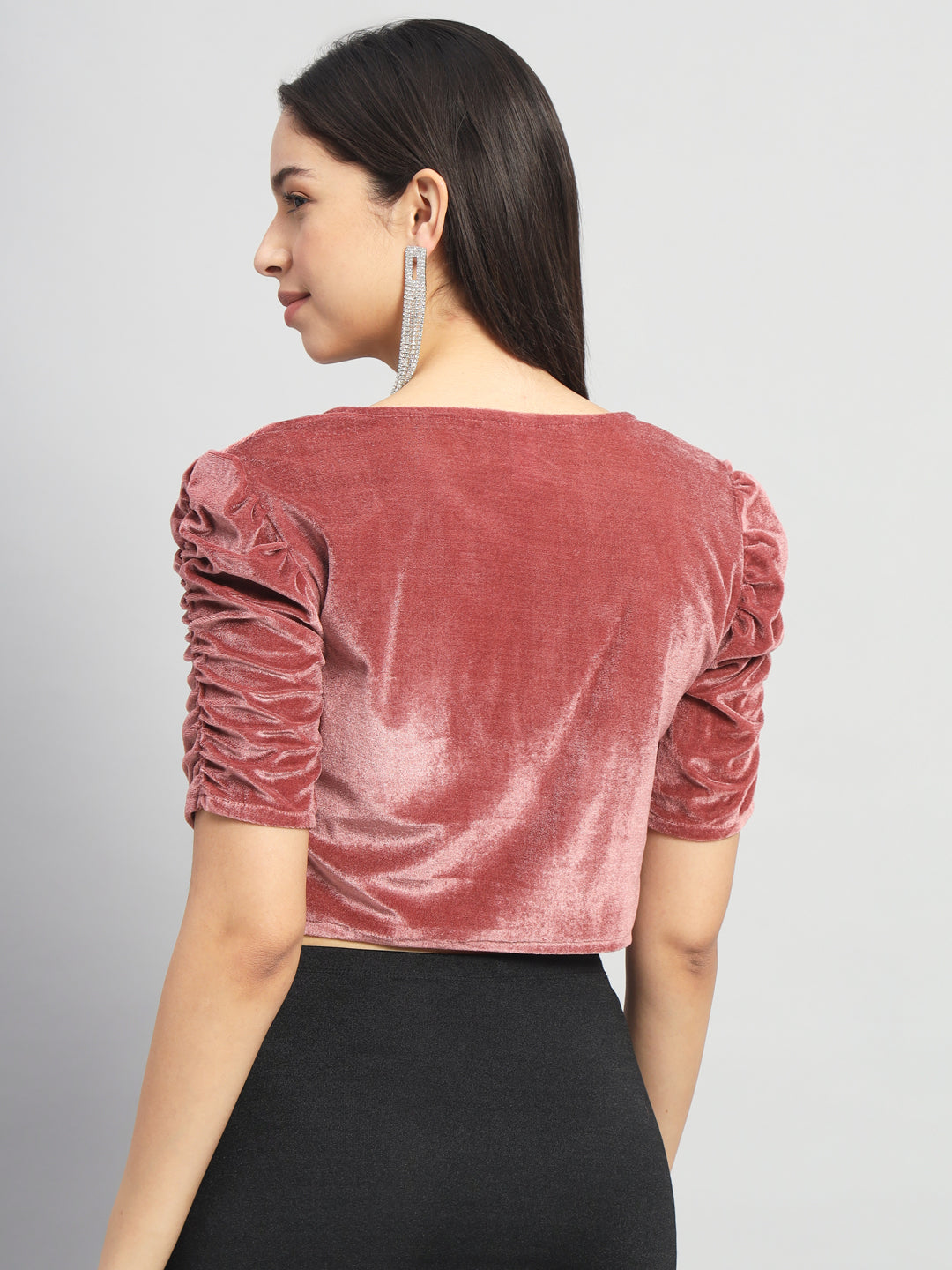 Puff Sleeves Velvet Blouse Tops Dark Peach