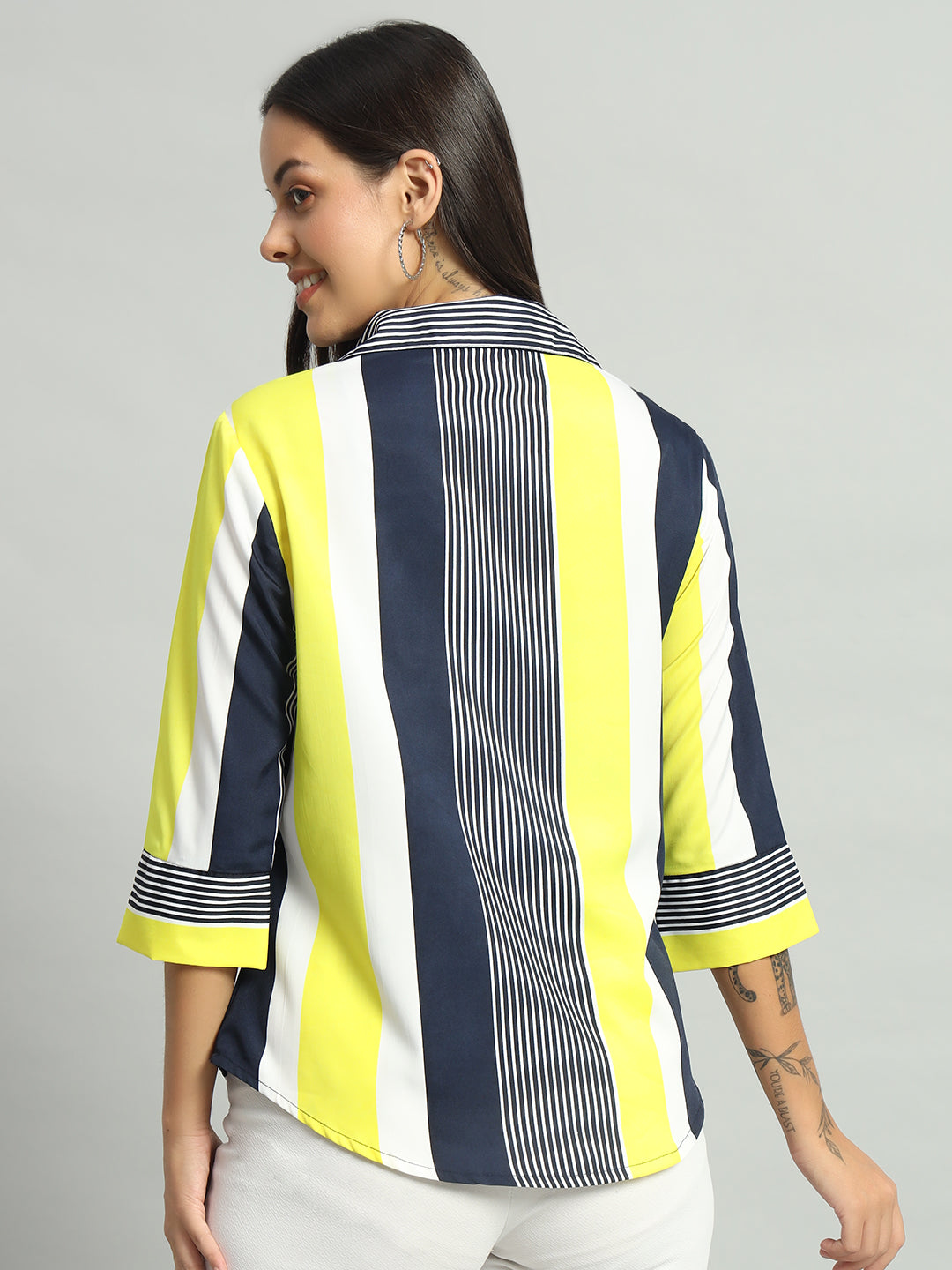 Crepe V-Neck Collared Quarter Sleeves Tops Lemon Yellow