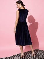 A-Line Velvet V-Neck Tops Sleeveless Party Dress Navy Blue