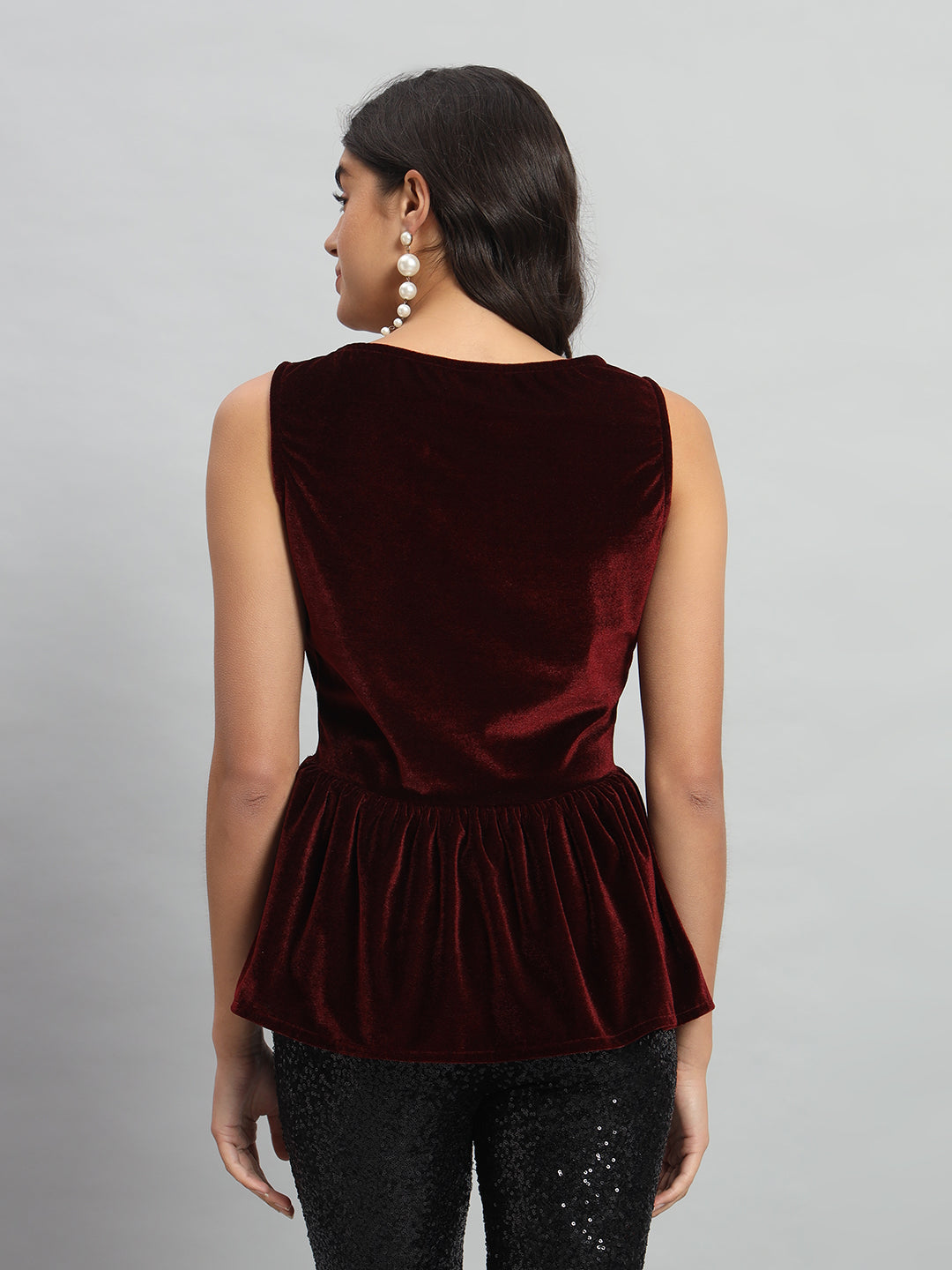 Waistline Ruffle Sleeveless Party Top Maroon