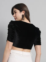 Puff Sleeves Velvet Blouse Tops Black