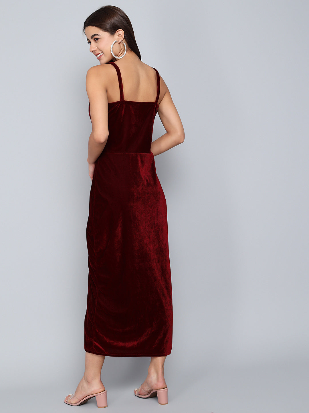 Maxi Sleeveless Velvet Square Neck Bodycon Dress Sporty Maroon