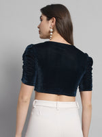 Puff Sleeves Velvet Blouse Tops Peacock Blue