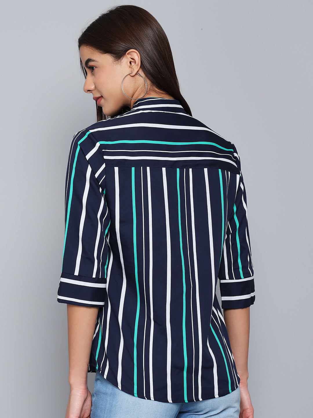 Crepe Multicolor Striped V-Neck Sleeves Stylish