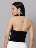 Halter Neck Top Velvet Sleeveless Party Outfit Navy Blue