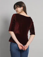 Half Sleeeves Front Tie Waistband Party Top Maroon