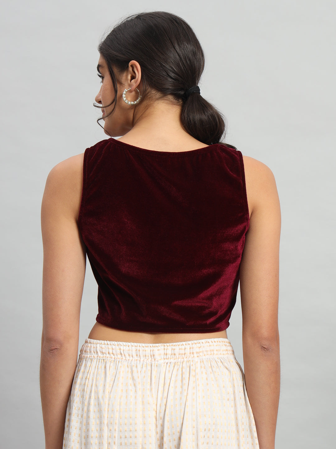 Velvet Sleeveless Readymade Party Blouse Wine