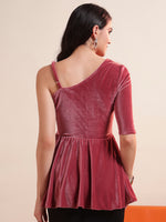 Solid One Shoulder Velvet Peplum Top