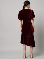 Velvet Fabric Fish Cut Ruffle Bottom Bodycon Party Midi Dress Maroon