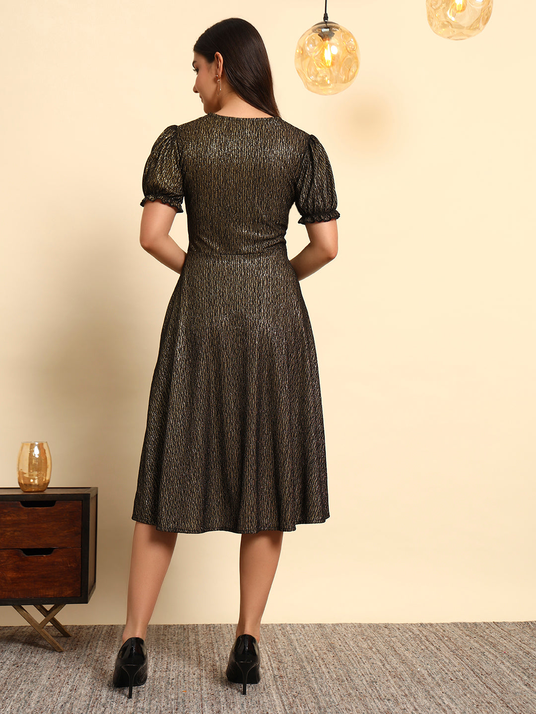Black Gold Shimmer Fit & Flare Midi Dress