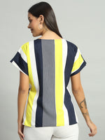 Crepe V-Cut Striped Short Sleeves Top Lemon Yellow