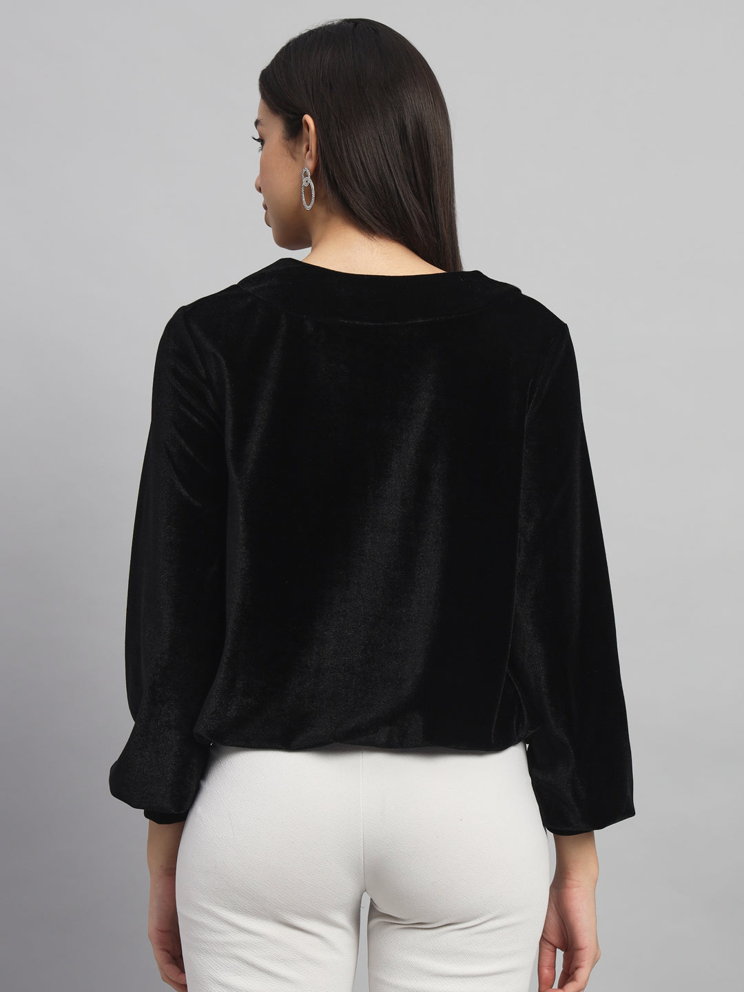 Round Neck Puff Sleeves Blouson Top Black