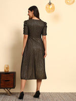 Black Gold Shimmer Wrap Dress with Puff Sleeves